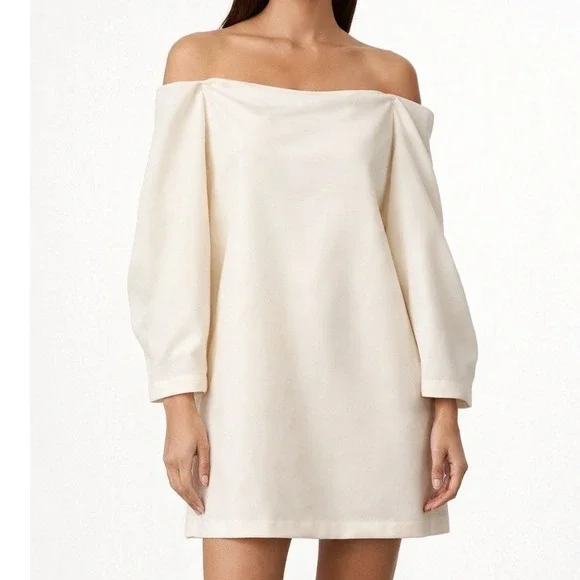 BCBGMAXAZRIA Off Shoulder Puff Sleeve Mini Dress Cream Ivory Size L - Picture 8 of 8